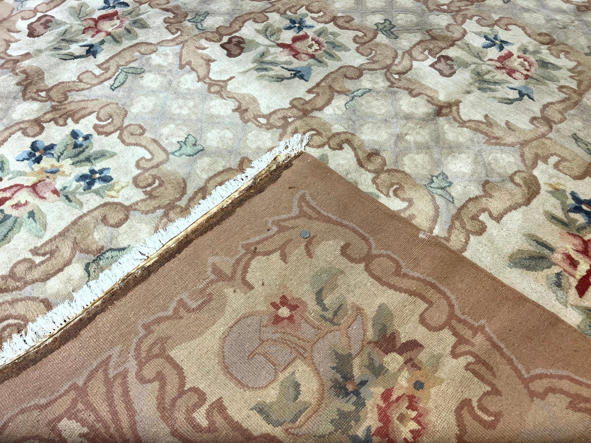 Indo Chinese Aubusson Wool Rug 11x16, Palace Sized Carpet, Oversized Handmade Vintage Rug, European Design - Jewel Rugs, view 11