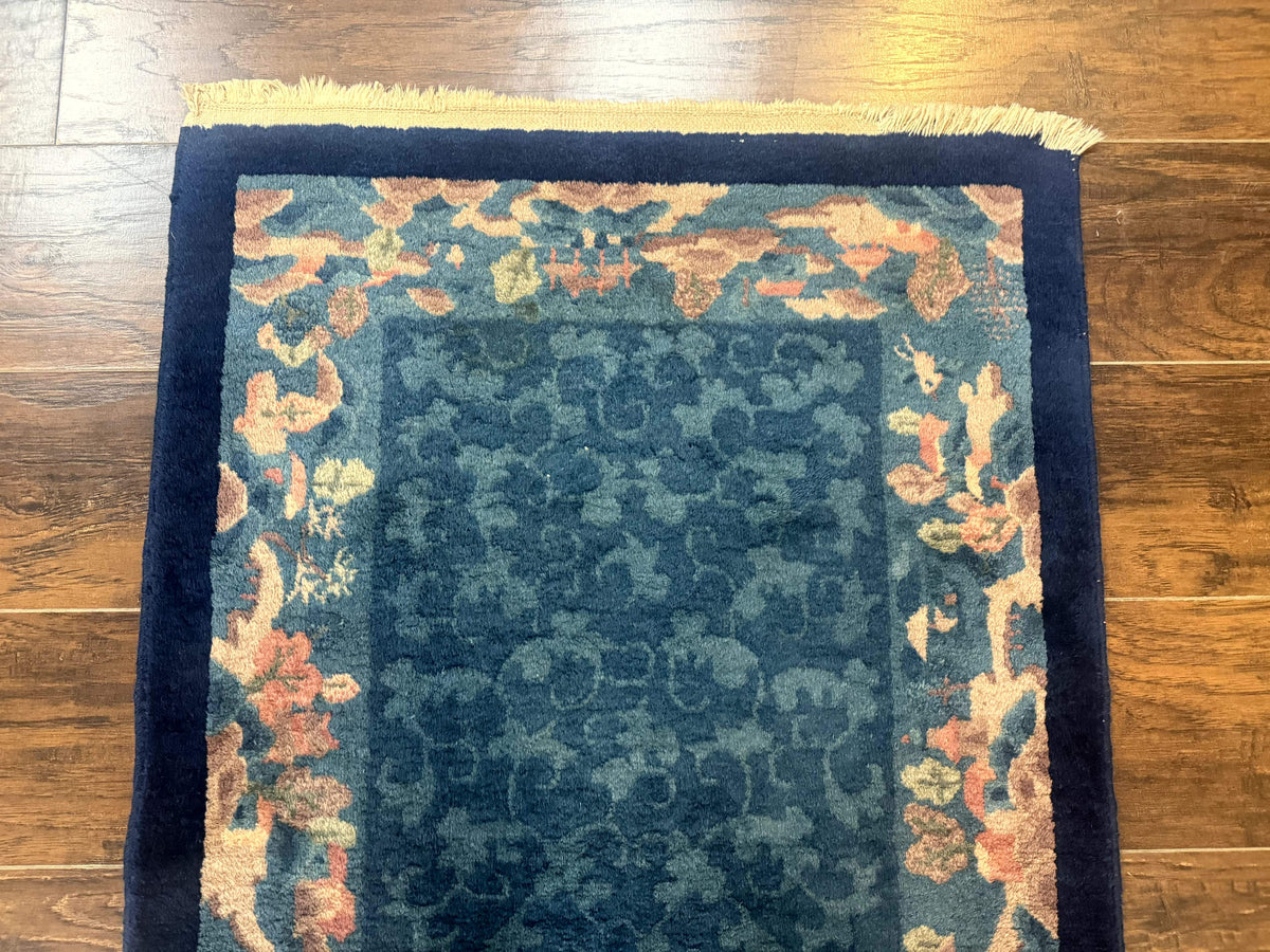 Blue Chinese Rug 2.6 x 4, Fete Rug, Peking Rug, Chinese Wool Rug, Art Deco Carpet - Jewel Rugs, view 3