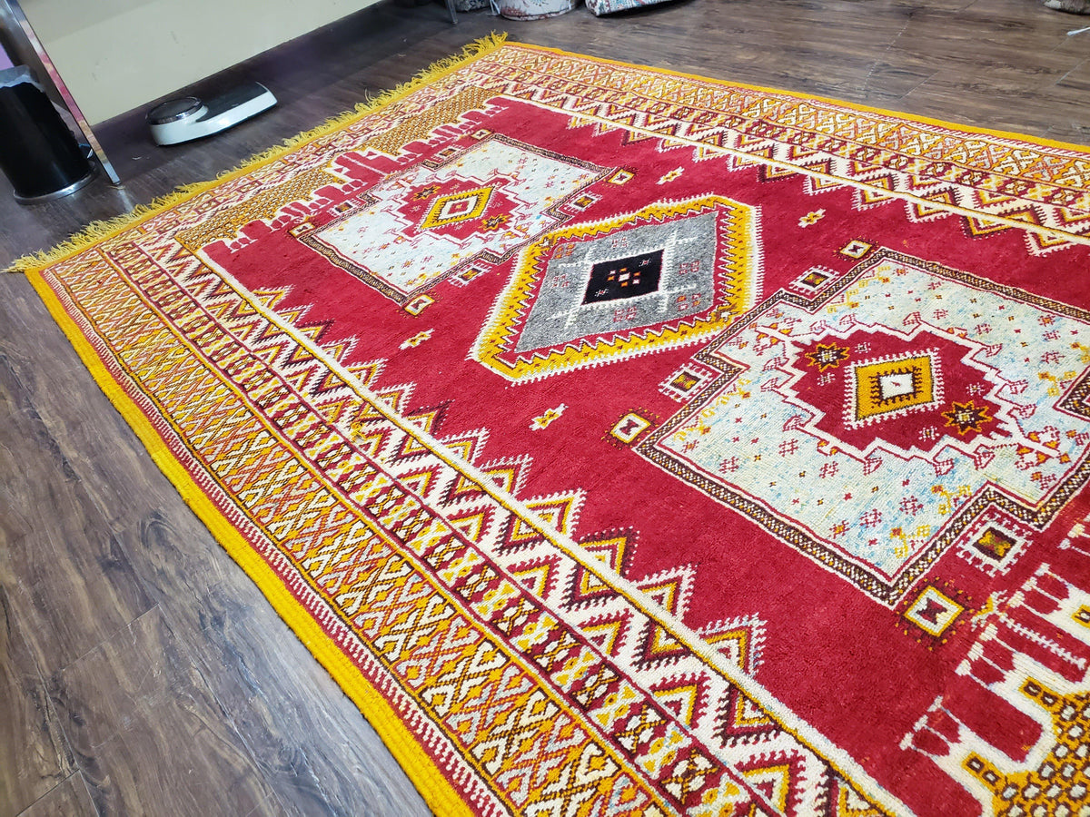 Vintage Moroccan Rug 6x10, Red and Yellow Moroccan Carpet, Handmade Bohemian Tribal Area Rug, Hand-Knotted 1970s Wool Rug, Medalions - Jewel Rugs, view 13