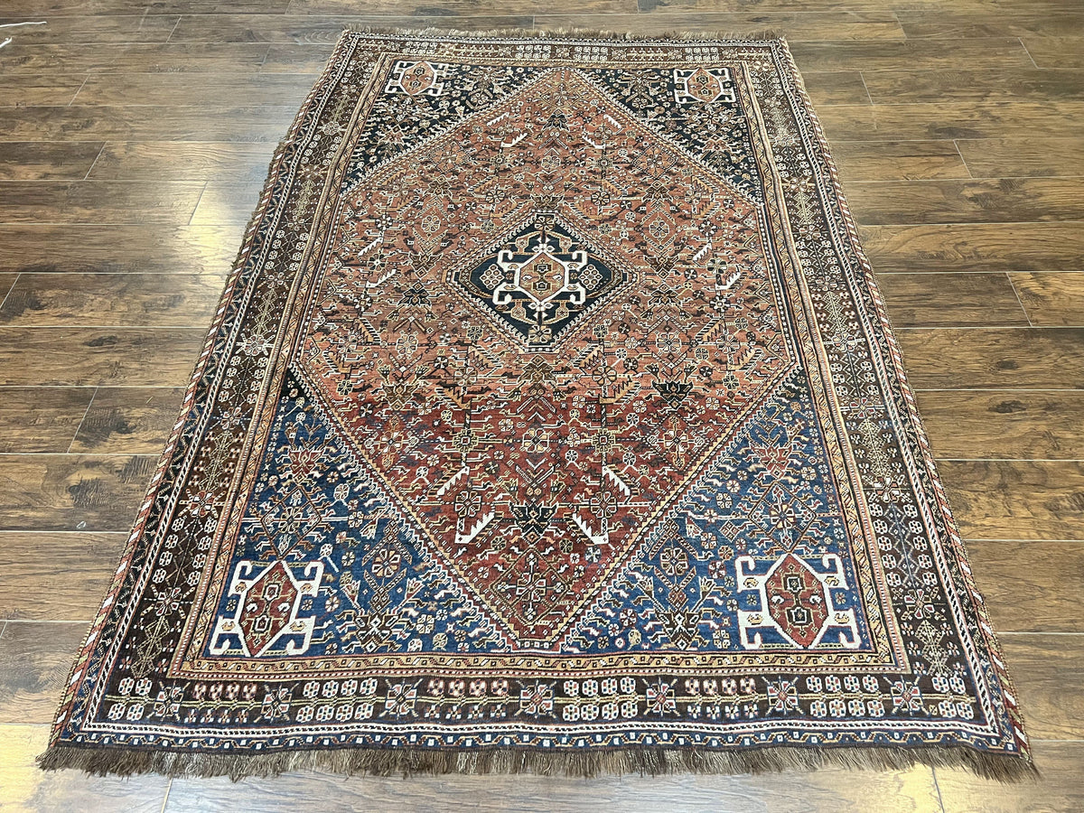 Antique Persian Shiraz Tribal Rug 6x8, Geometric Rug, Wool Handmade Hand Knotted Carpet, Red Blue - Jewel Rugs, view 2