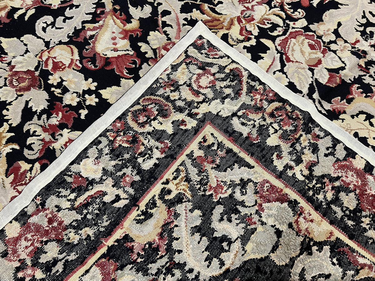 Wool Needlepoint Rug 9x12, William Morris Vintage Chinese Needlepoint Carpet 9 x 12, Handwoven, Allover Floral Area Rug, Black Light Green - Jewel Rugs, view 10
