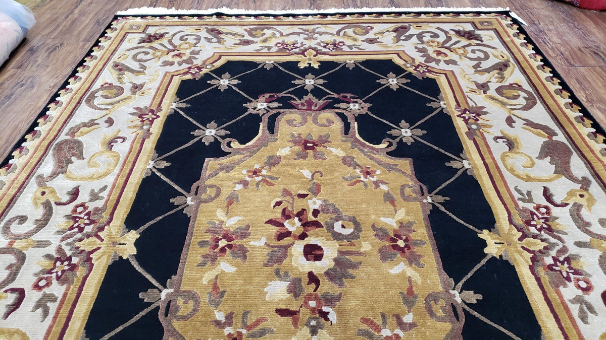 6x9 Nepalese Rug, Aubusson Savonnerie Area Rug 6 x 9 with Soft Pile, Hand-Knotted Wool Black & Beige Tibetan New Carpet European Design - Jewel Rugs, view 5