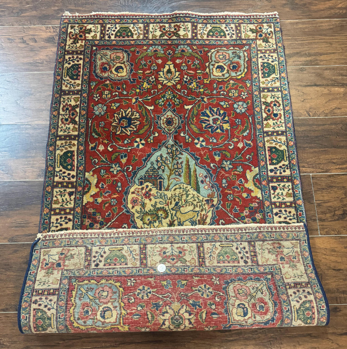 Small Persian Tabriz Rug 2.8 x 4.7, Red, Animal Pictorials, Semi Antique Vintage - Jewel Rugs, view 12