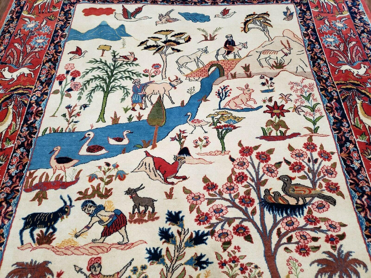 Antique Persian Isfahan Rug 5x7, Animal and Human Pictorials, Hand Knotted Fine Oriental Wool Carpet, Cream and Red, High KPSI, Vintage Rug 5 x 7 ft - Jewel Rugs, view 2