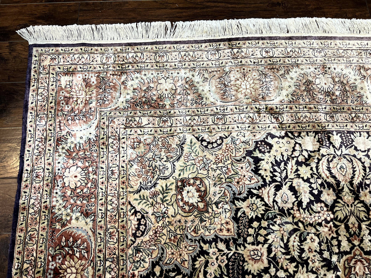 Silk Indian Kashmiri Rug 8x10, Floral Medallion, Indo Persian Carpet, Handmade Vintage Silk Rug - Jewel Rugs, view 7