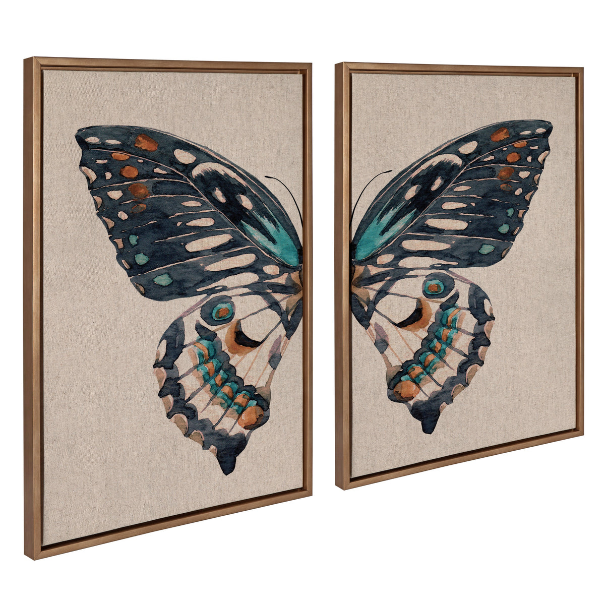 Sylvie Boho Butterfly Watercolor Diptych Neutral Linen Framed Canvas Art Set by The Creative Bunch Studio