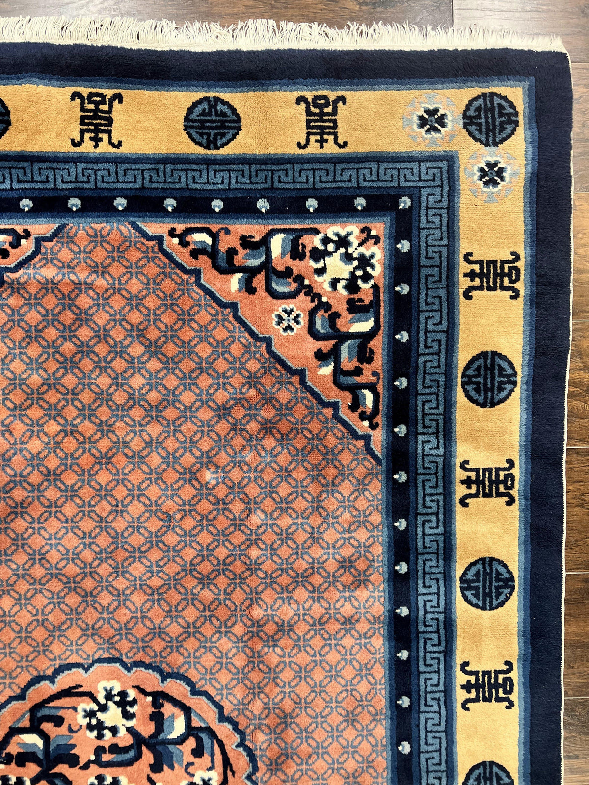 Chinese Peking Rug 5x8, Vintage Semi Antique Chinese Art Deco Carpet, Wool Pile Light Red/Salmon Gold Navy Blue, Handmade Asian Oriental Rug - Jewel Rugs, view 8