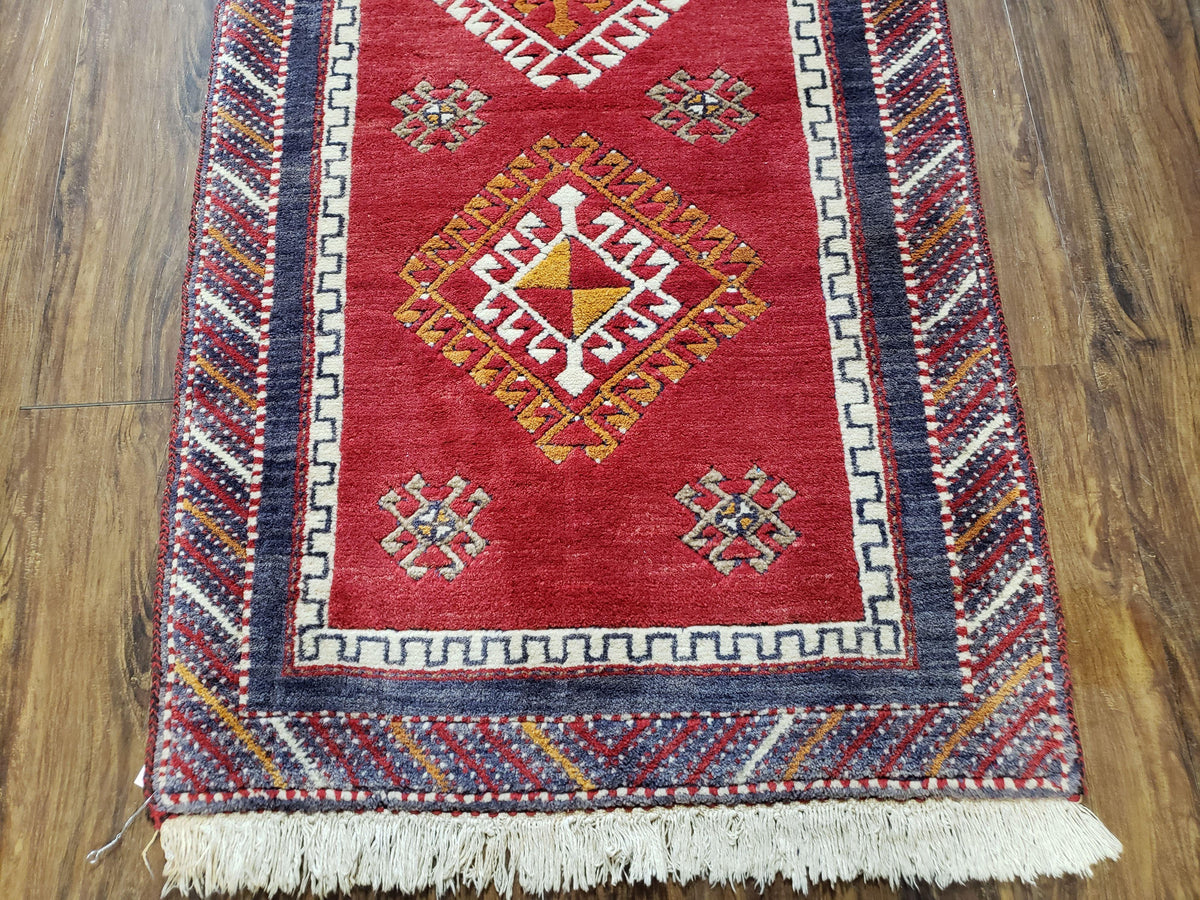 Vintage Turkish Kazak Rug 2.5 x 5 Red Wool Carpet Medallions Runner Geometric - Jewel Rugs, view 10