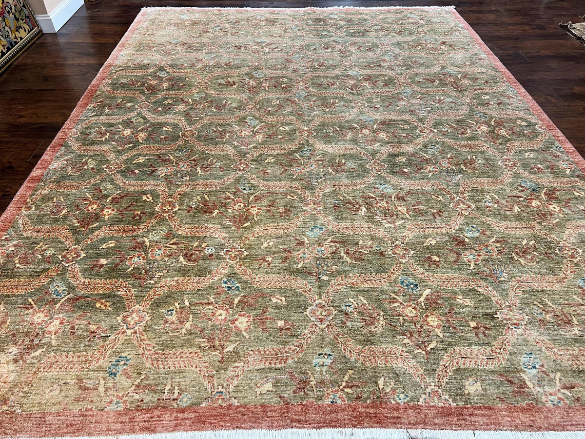 Large Modern Pakistani Rug 9x12, Handmade Wool Carpet, Peshawar Rug, Hand Knotted Oriental Rug, Contemporary, Floral, Light Green - Jewel Rugs, view 2