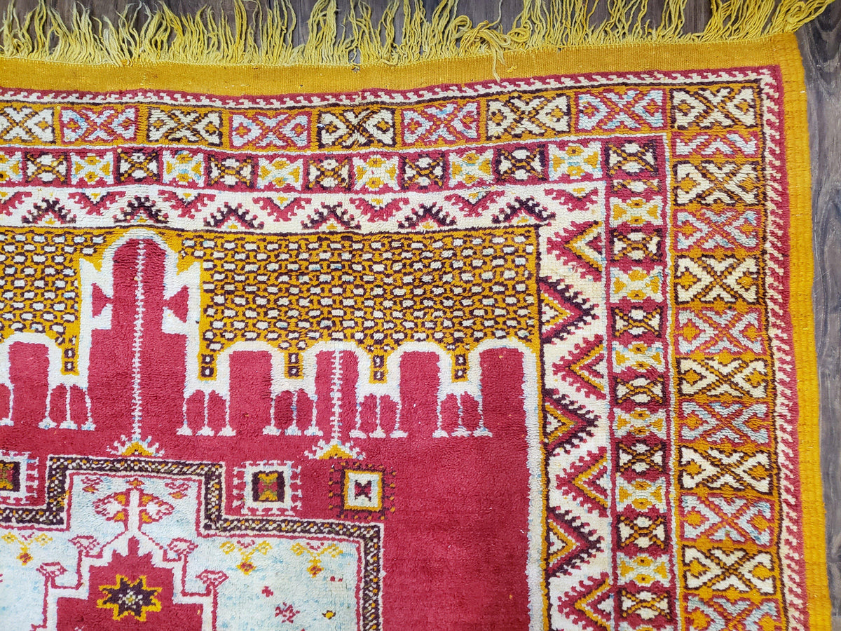 Vintage Moroccan Rug 6x10, Red and Yellow Moroccan Carpet, Handmade Bohemian Tribal Area Rug, Hand-Knotted 1970s Wool Rug, Medalions - Jewel Rugs, view 8