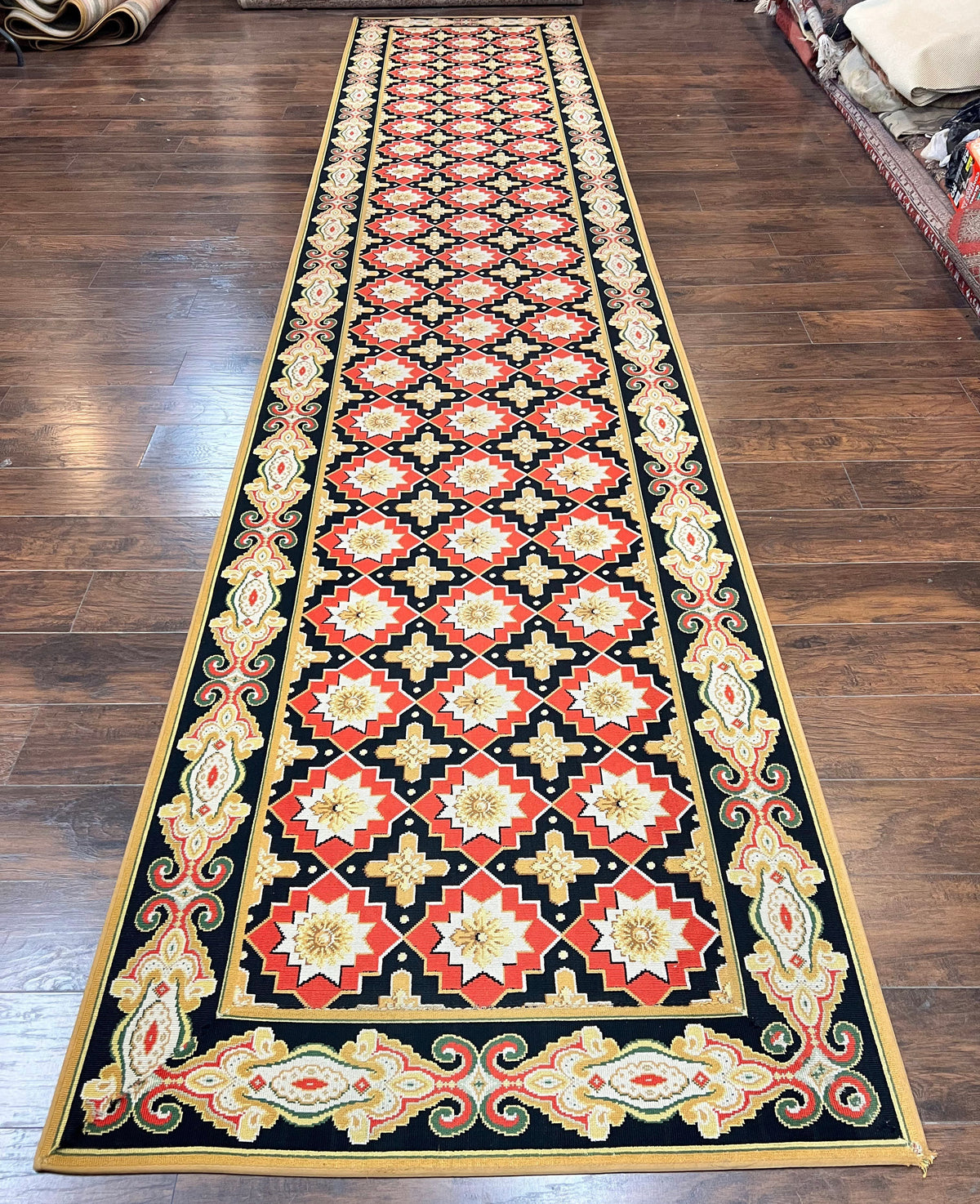 Runner Rug 4x19, Panel Design Rug, Custom Made Stark Runner Carpet, Wool, Vintage 4 x 19 Hallway Rug, European Design, Red Black Ivory Tan - Jewel Rugs