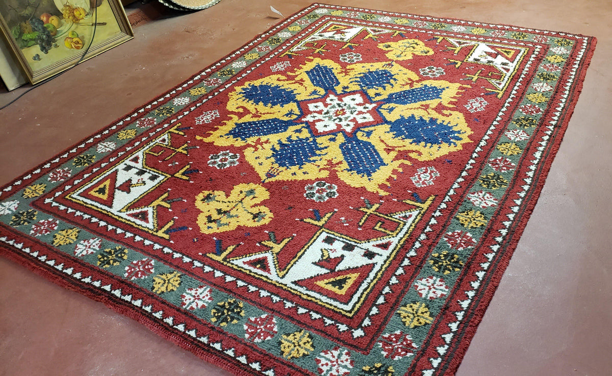 Colorful Moroccan Heriz Rug 6x9, Large Central Medallion, Red Yellow Blue - Jewel Rugs, view 3