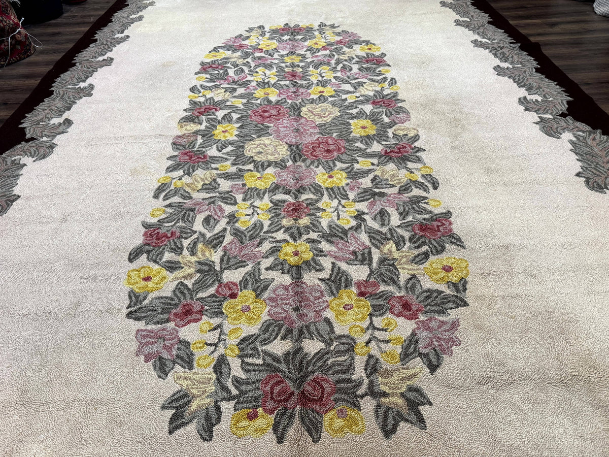 Palace Size American Hooked Rug 11x20 Aubusson Style Ivory - Jewel Rugs, view 6