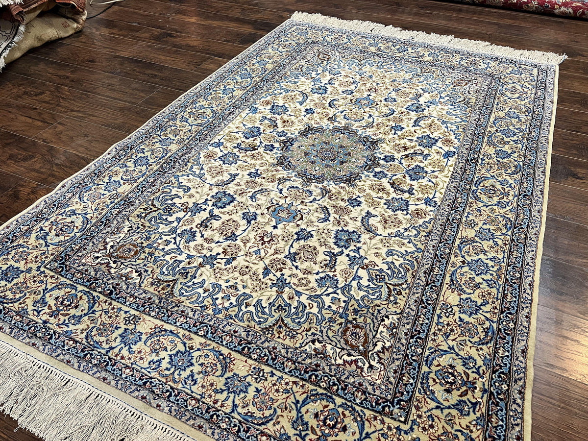 Persian Isfahan Rug 5x8, Kork Wool on Silk Foundation, 440 KPSI, Handmade Vintage Carpet, Floral Medallion Oriental Rug, Ivory & Blue, Very Fine - Jewel Rugs, view 2