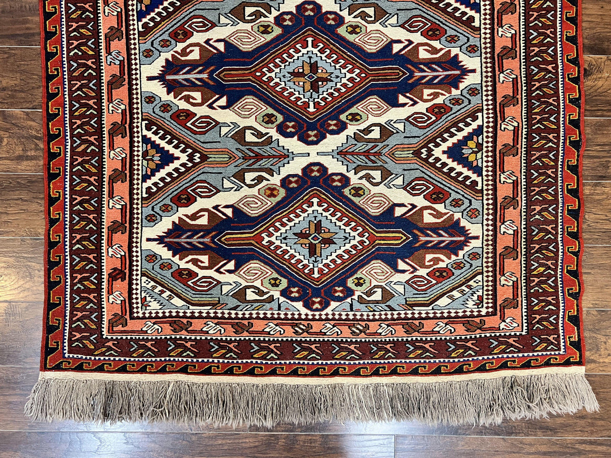 Russian Soumak Rug 6x8, Wool Handmade Antique Kilim Carpet, Multicolor 6 x 8 Geometric Medallions Caucasian Rug, Medium Size - Jewel Rugs, view 6