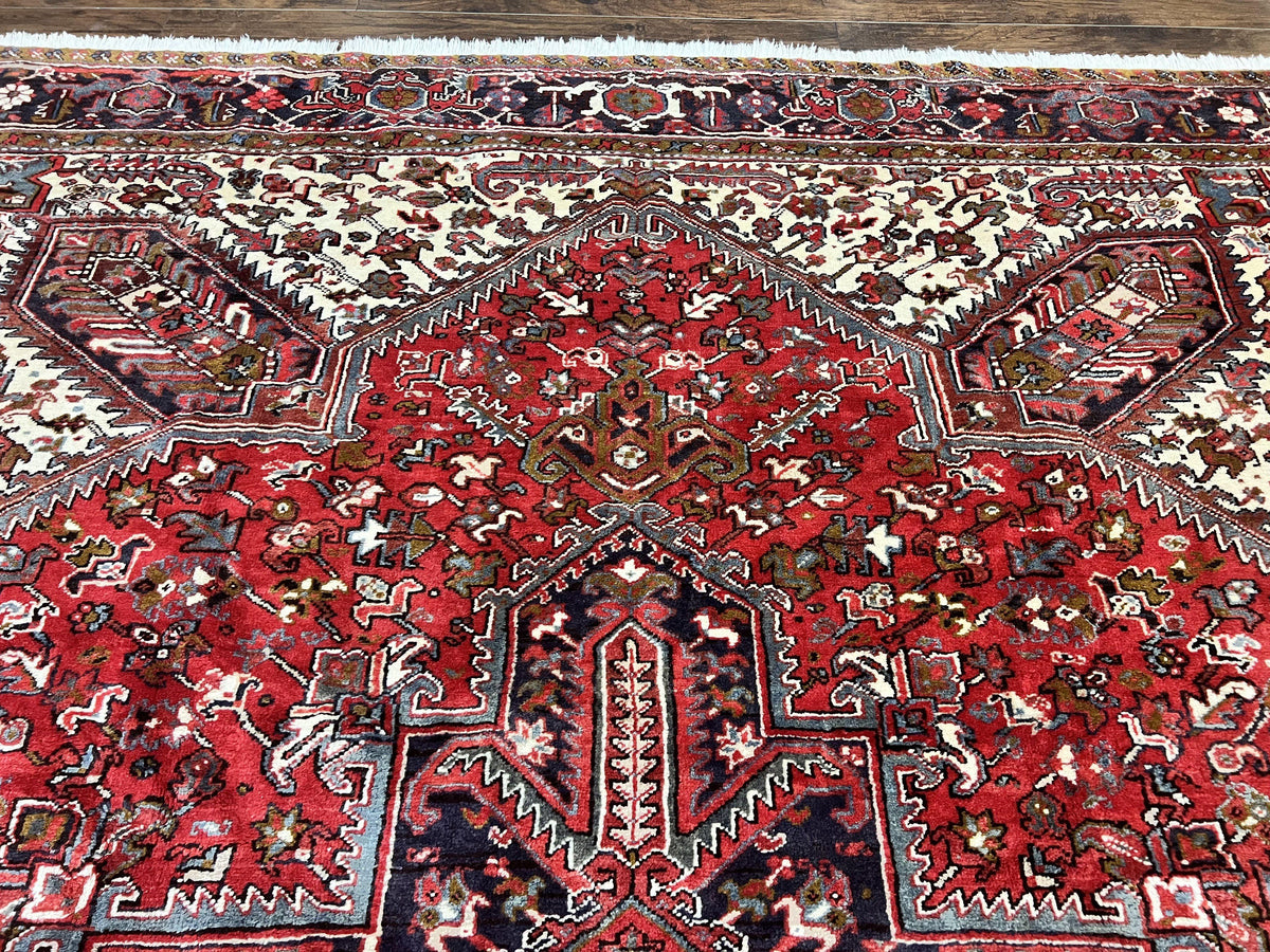 Large Persian Heriz Rug 10x13, Wool Hand Knotted Antique Carpet, Red and Ivory, Geometric Tribal Room Sized Rug, Decorative Oriental Rug - Jewel Rugs, view 4