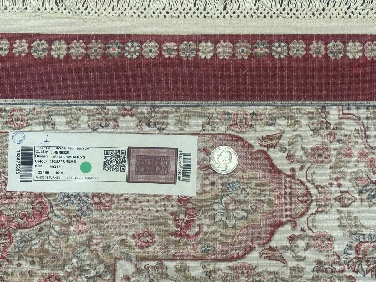 Turkish Silk Rug 3x5, Hunting Design, Dark Red & Ivory, Bamboo Silk, New - Jewel Rugs, view 11