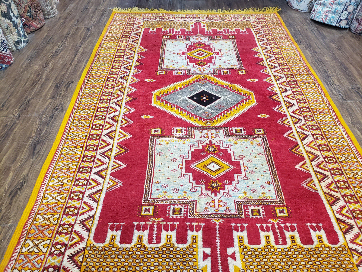 Vintage Moroccan Rug 6x10, Red and Yellow Moroccan Carpet, Handmade Bohemian Tribal Area Rug, Hand-Knotted 1970s Wool Rug, Medalions - Jewel Rugs, view 2