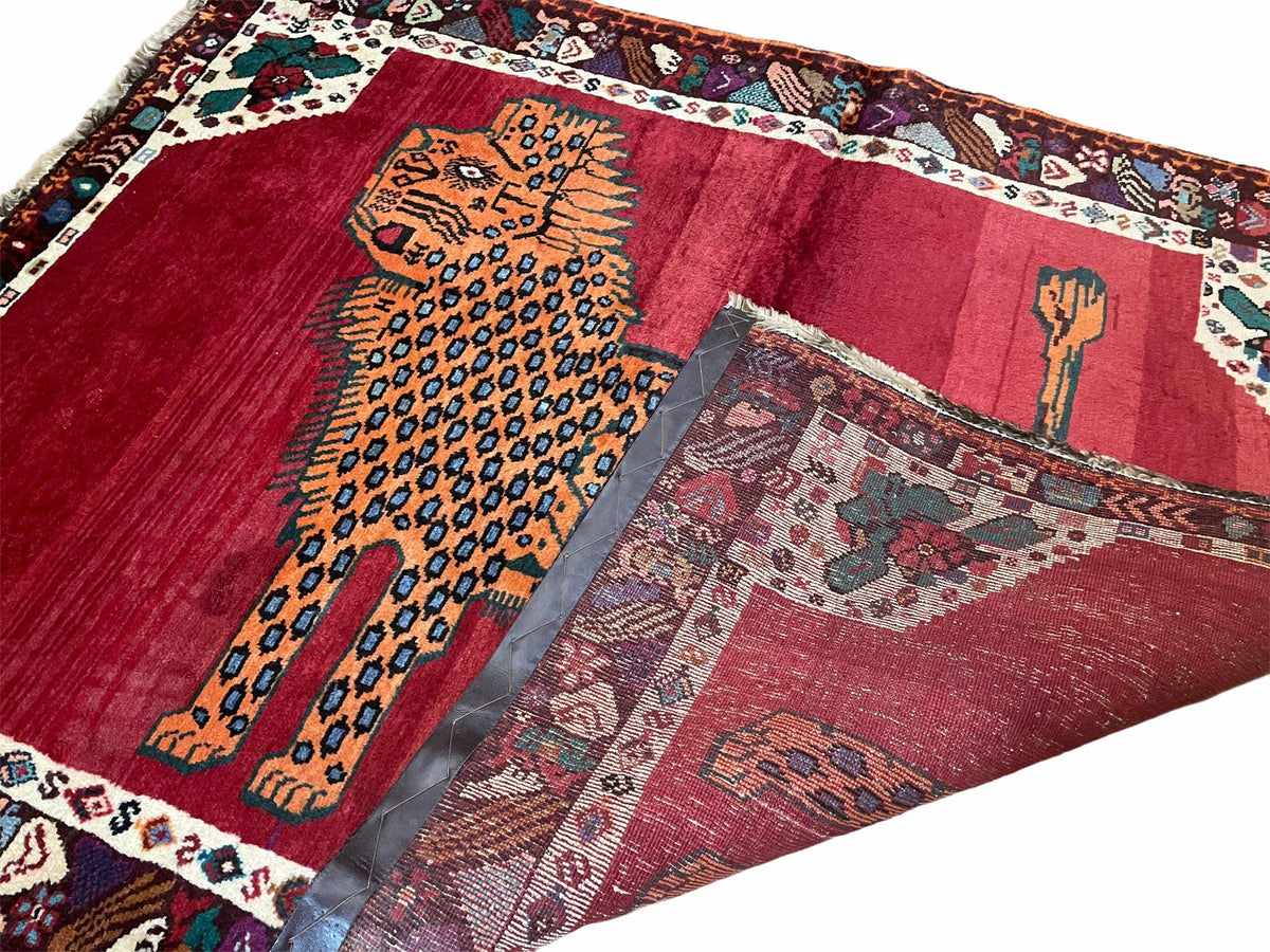 Antique Persian Gabbeh Wool Rug 4x5, Lion Pictorial Rug, Red Orange Black, Hand Knotted Handmade Vintage Gabbeh Carpet 4 x 5 ft, Tribal Rug - Jewel Rugs, view 8