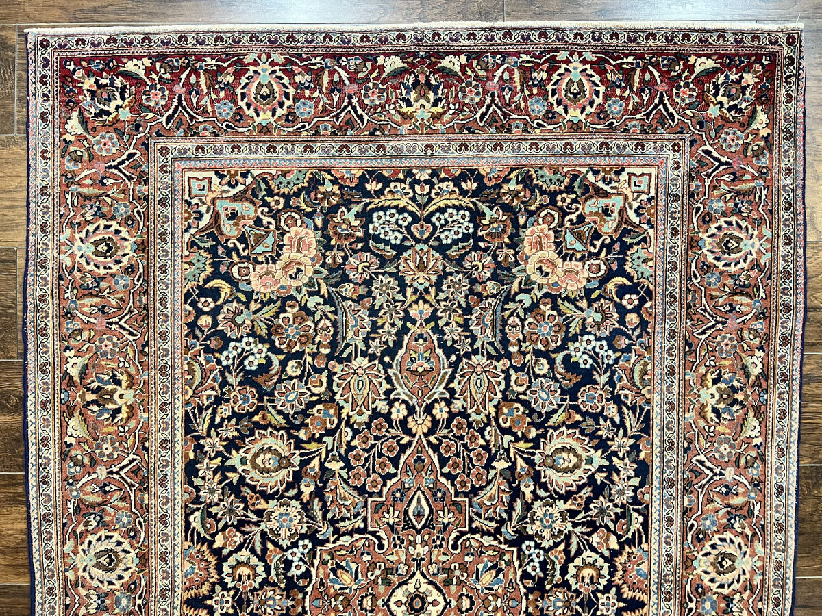 Persian Kashan Rug 4x7, Floral Medallion Vintage Handmade Hand Knotted Navy Blue & Red Wool Oriental Carpet, Highly Detailed Semi Antique Rug - Jewel Rugs, view 4