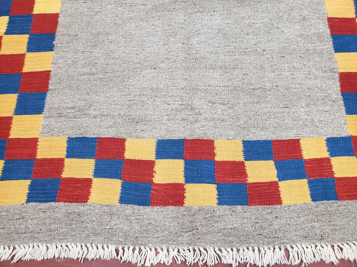 New Turkish Kilim Area Rug, Gray Carpet With Colorful Checker Border, 5'6" x 8", Flatweave Carpet, Playroom Rug, Kids Room Rug, Hand-Knotted - Jewel Rugs, view 12