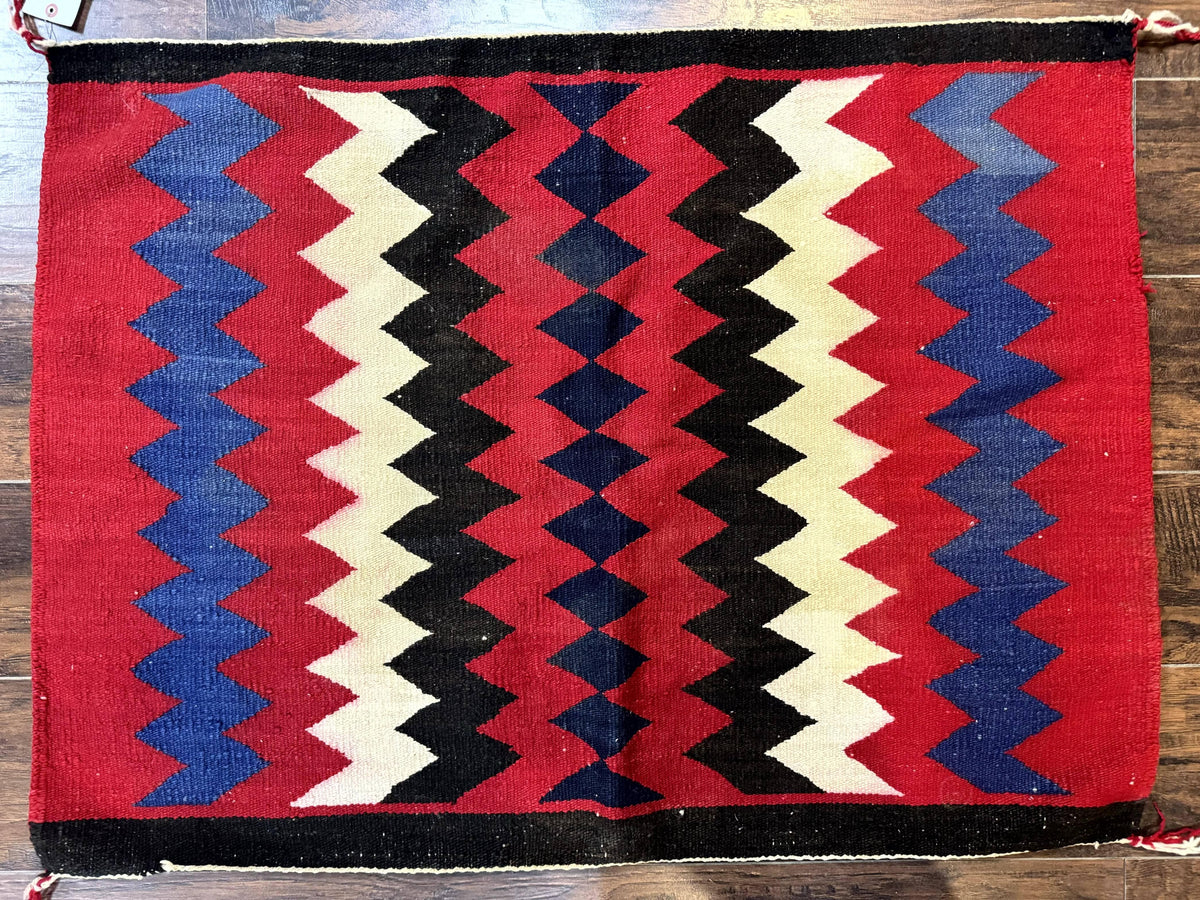 Antique Navajo Rug 3.7 x 2.8, Red Ivory Blue, Zig Zag Pattern, Handmade, Wool - Jewel Rugs, view 2