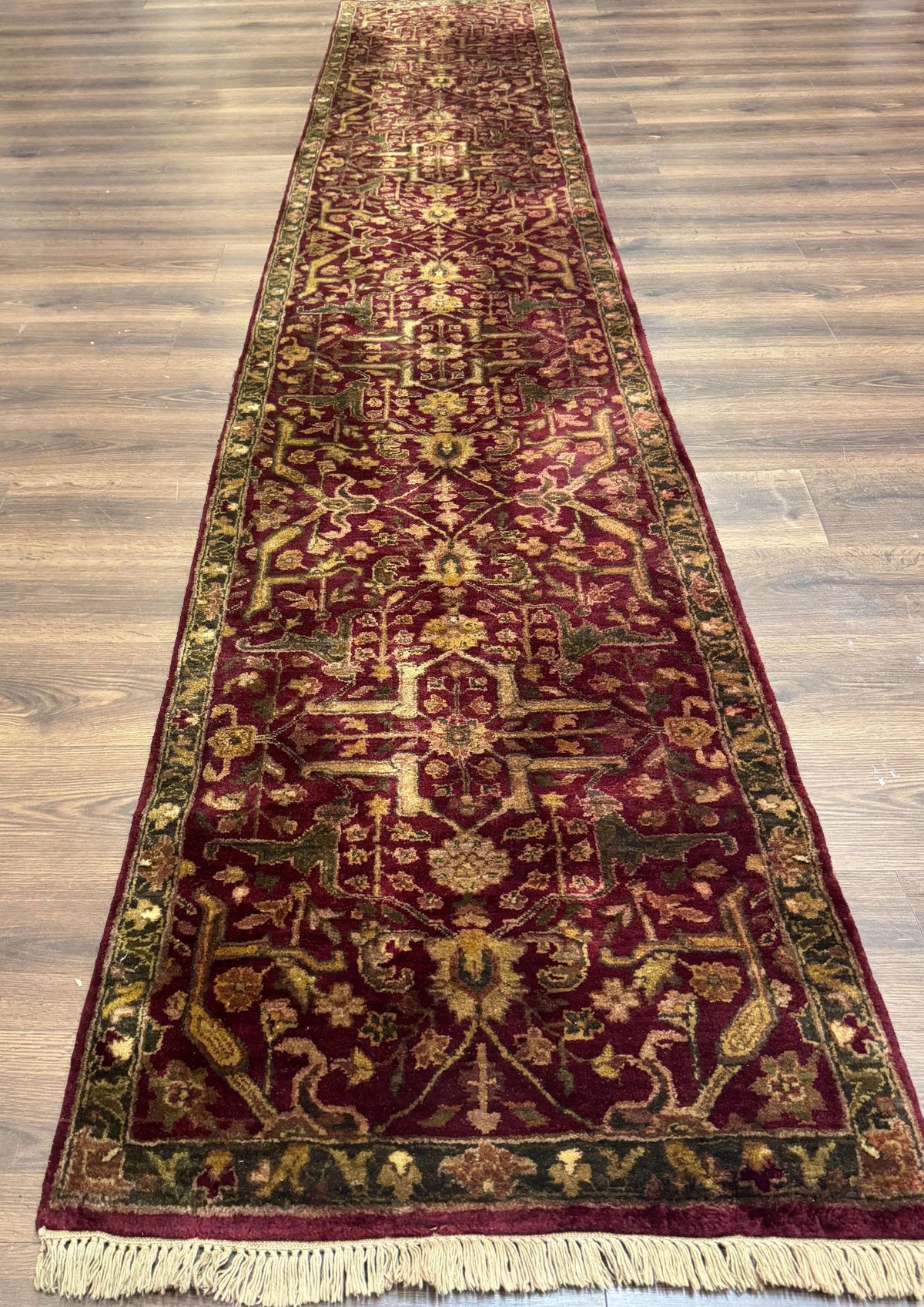Indo Persian Runner Rug 2.7 x 13.8, Maroon, Wool, Handmade Indian Rug for Hallway - Jewel Rugs