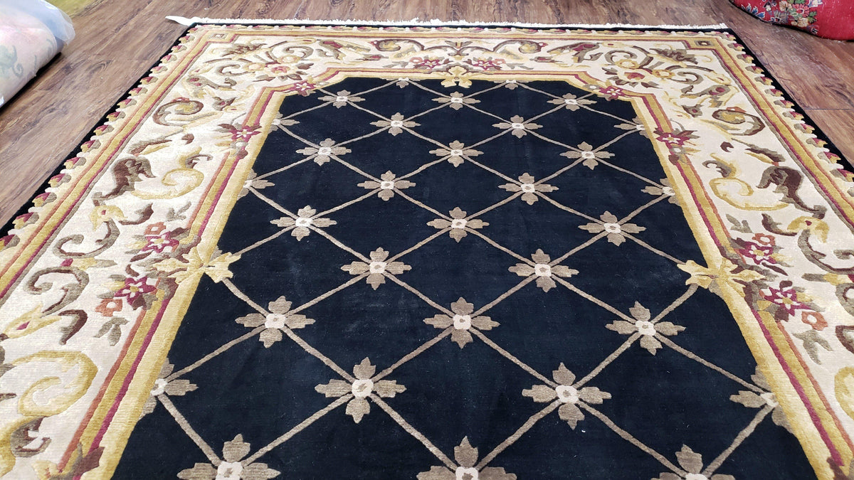 Nepal Rug 6x9, New Aubusson Nepalese Tibetan Carpet 6'1" x 8' 8", Hand-Knotted Wool, Unused, Black & Cream, Savonnerie Pattern, Soft Pile - Jewel Rugs, view 5