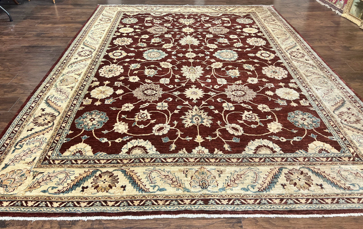 Peshawar Rug 9x11, Pakistani Oriental Carpet, Maroon and Beige, Floral Allover, Wool Hand Knotted Handmade Vintage Rug - Jewel Rugs, view 2