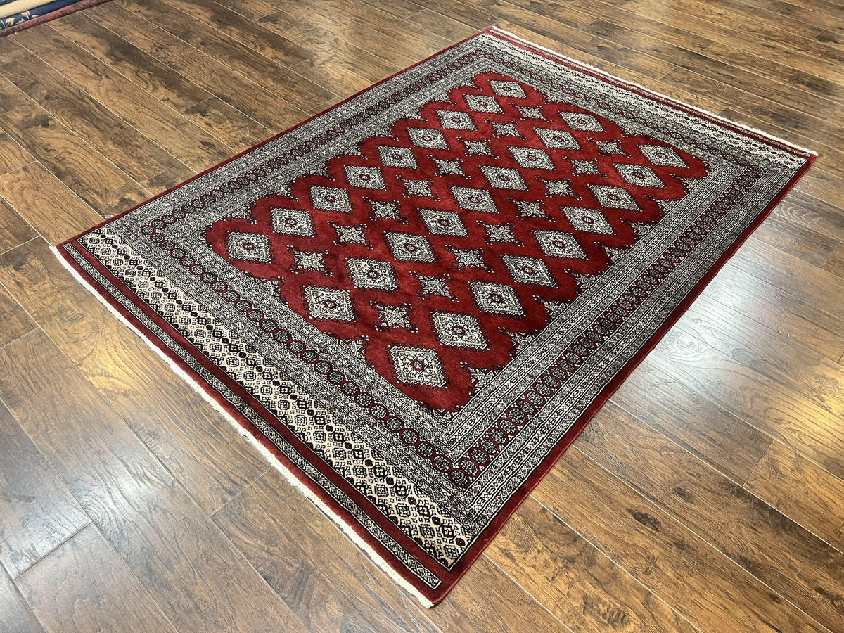 Pakistani Bokhara Rug 6x8, Fine Turkoman Carpet, Wool Handmade Vintage, Red, 6 x 8 Medium Sized Rug, Turkmen Rug - Jewel Rugs, view 2