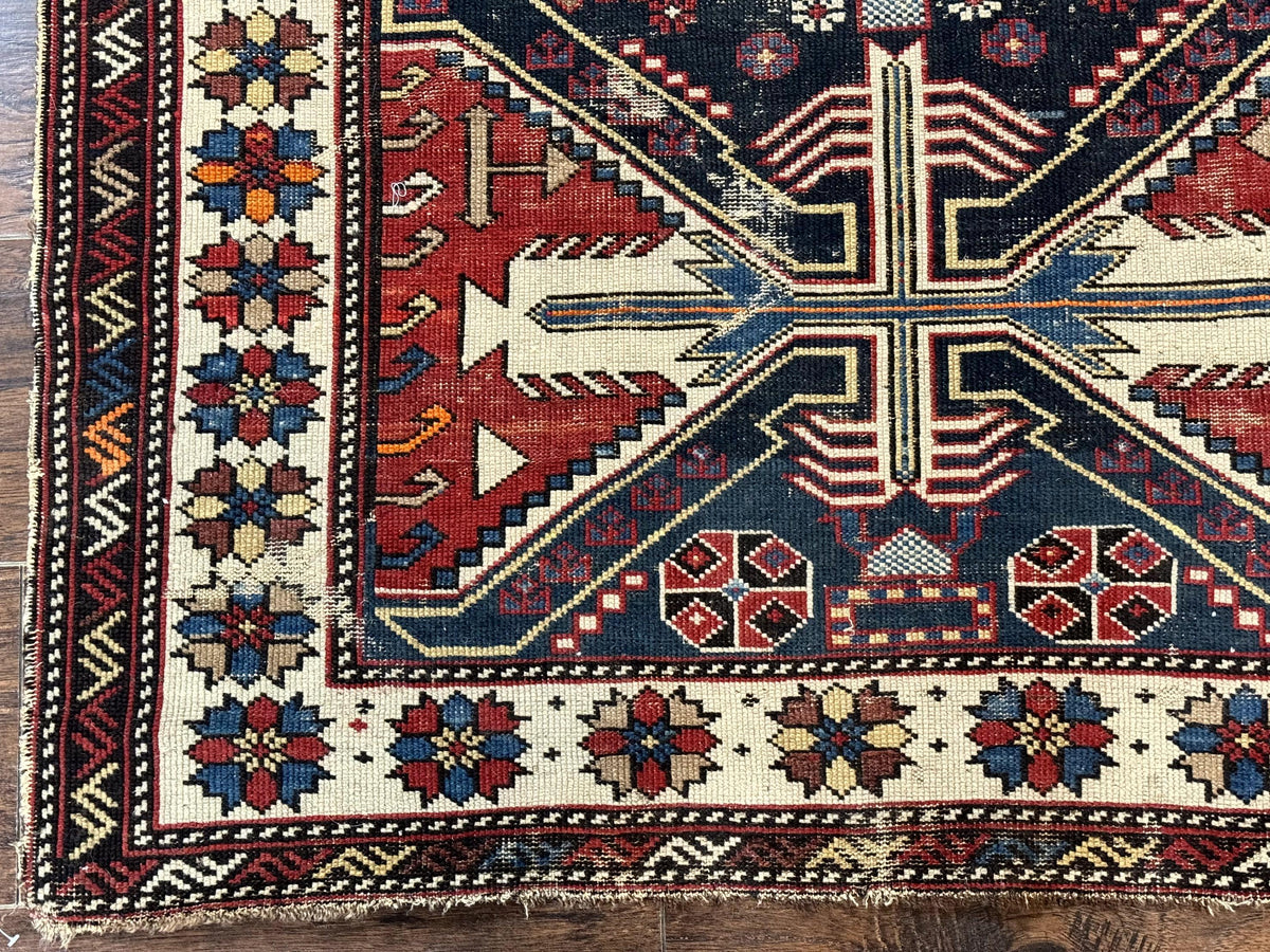 Antique Shirvan Caucasian Rug 3x5, Geometric Pattern, Red Navy Blue Beige - Jewel Rugs, view 9
