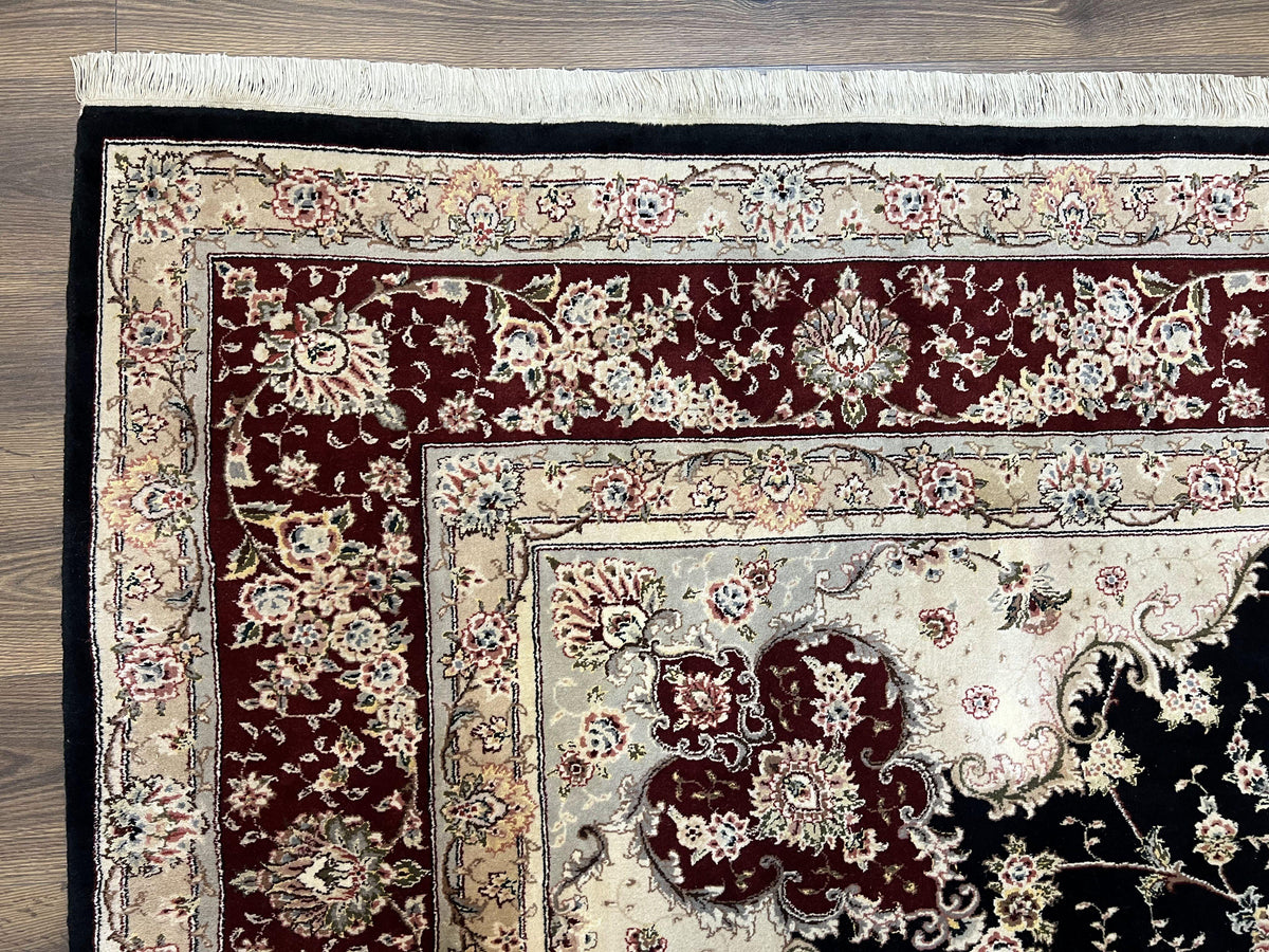 Pak Persian Rug 8.8 x 10.6, Floral Medallion, Wool and Silk Hand Knotted Fine Oriental Carpet, Elegant Rug, Black Gray Burgundy, Room Sized - Jewel Rugs, view 6
