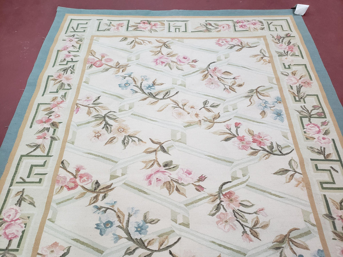 Vintage Aubusson Area Rug, Aubusson Flat weave Carpet, Floral Geometric Pattern, Beige Teal Green, 4x6 Rug, European Design - Jewel Rugs, view 11