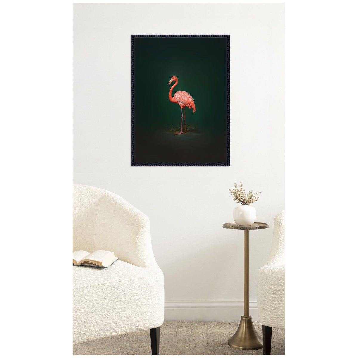 Flamingo Side View Rich Green Backdrop by The Creative Bunch Studio Framed Canvas Wall Art Print