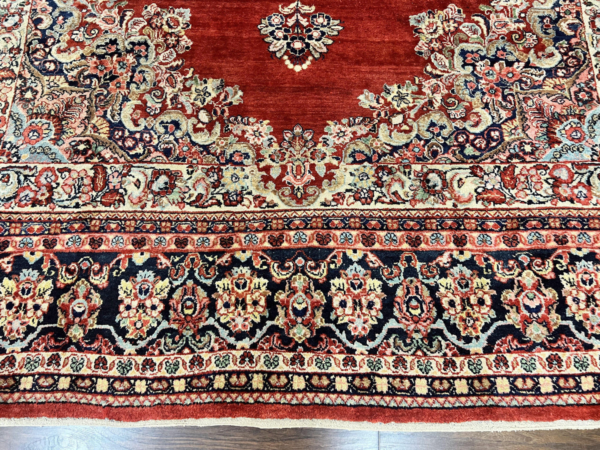 Persian Sarouk Rug 11x14, Semi Open Field, Large Antique Persian Wool Handmade Carpet, Red and Dark Blue, Floral - Jewel Rugs, view 5