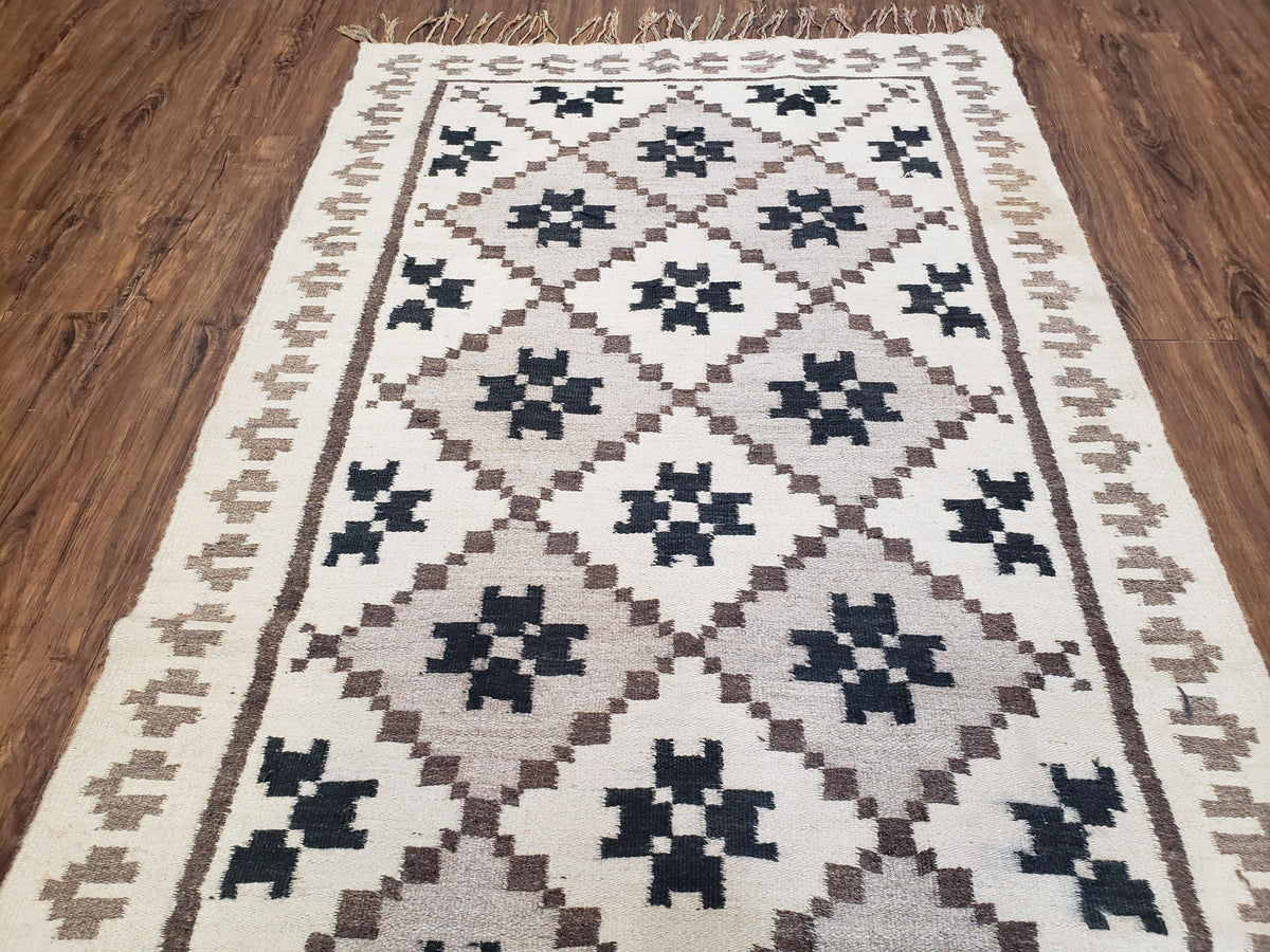 Semi Antique South American Blanket 4x8, Wool Hand-Woven Flatweave Kilim Rug, Handmade Antique Vintage Runner, Ivory & Blue, Diamond Panel - Jewel Rugs, view 13
