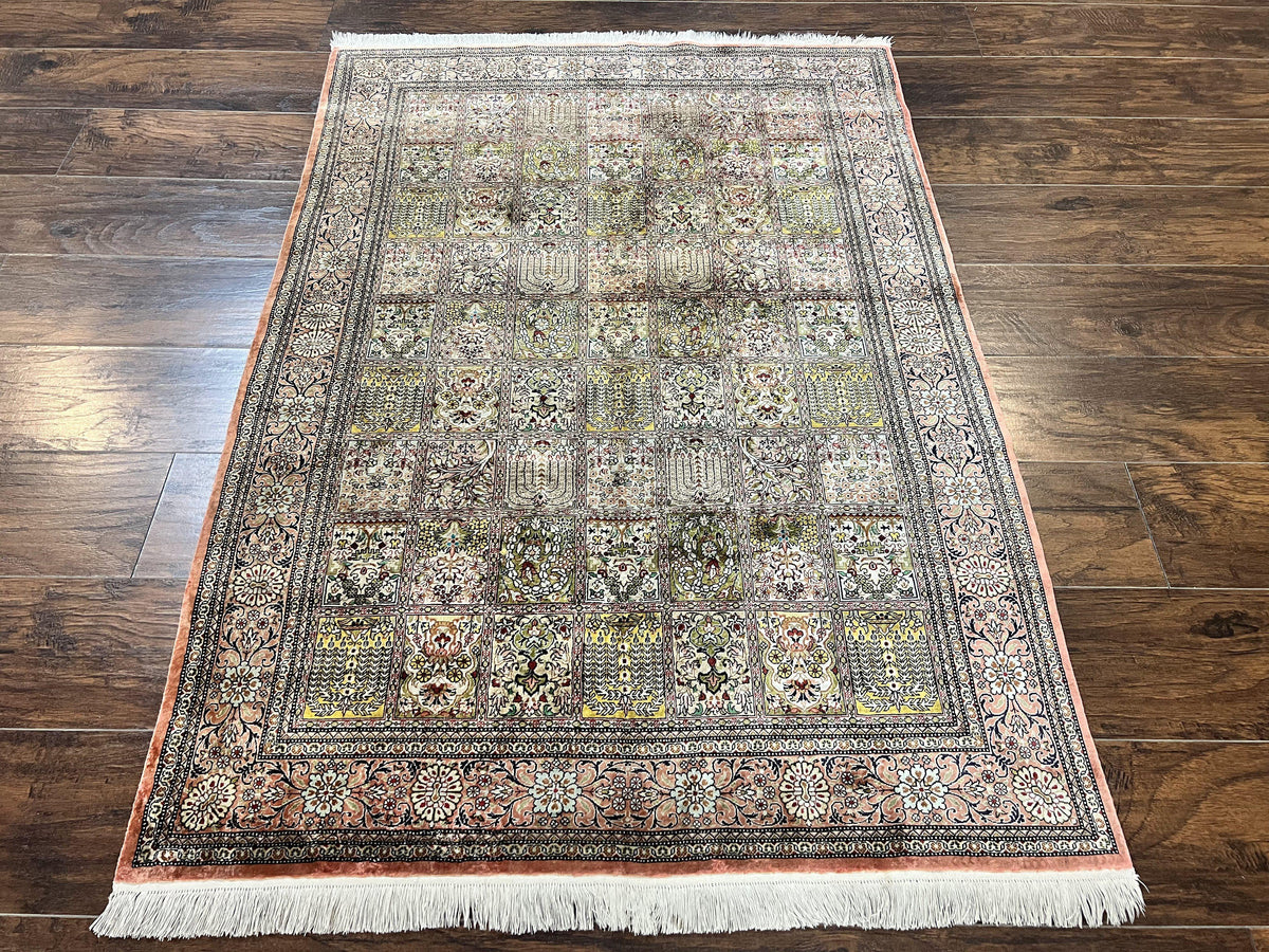 Magnificent Persian Silk Rug 3.7 x 5, Persian Qum Rug, Panel Design, Kheshti Garden, Extremely Fine 650 KPSI - 70 Raj, Hand Knotted, Vintage, Multicolor - Jewel Rugs, view 2