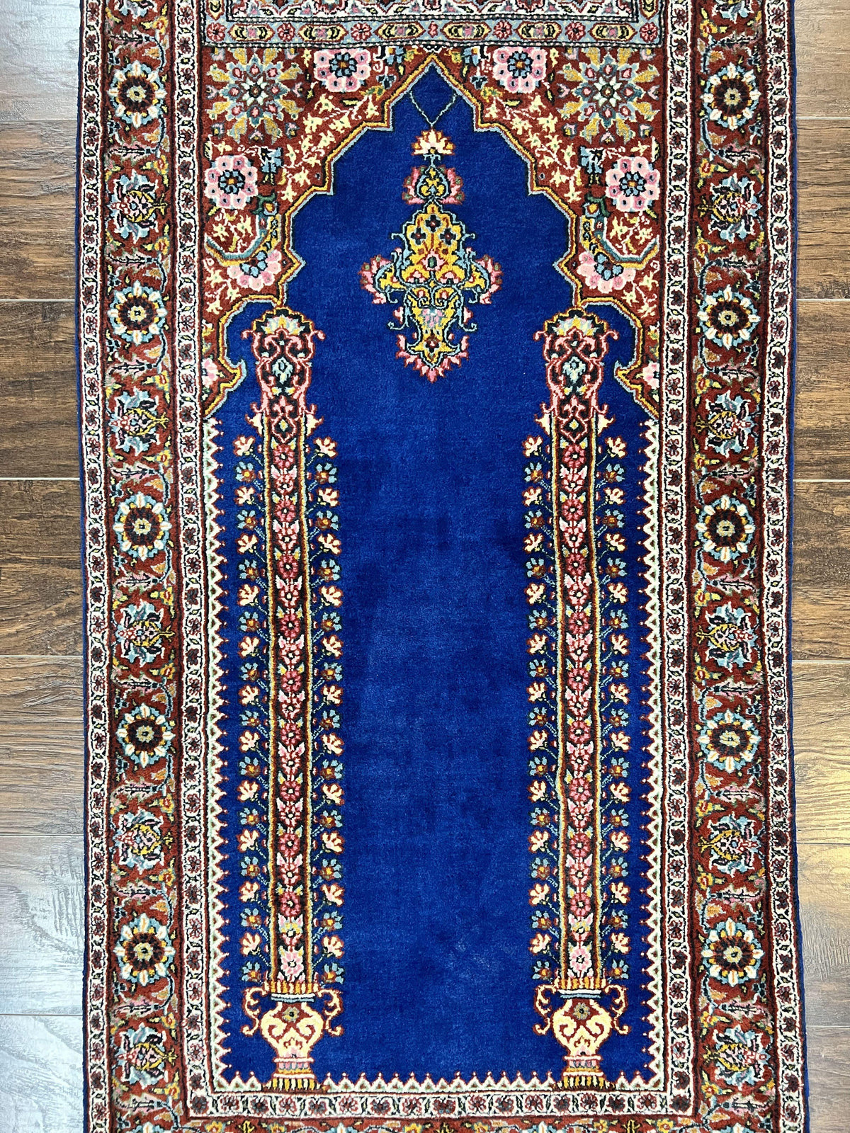 Indo Persian Prayer Rug 3x5, Fine Oriental Carpet, Dark Blue and Red, Vintage Hand Knotted Handmade Prayer Rug - Jewel Rugs, view 4