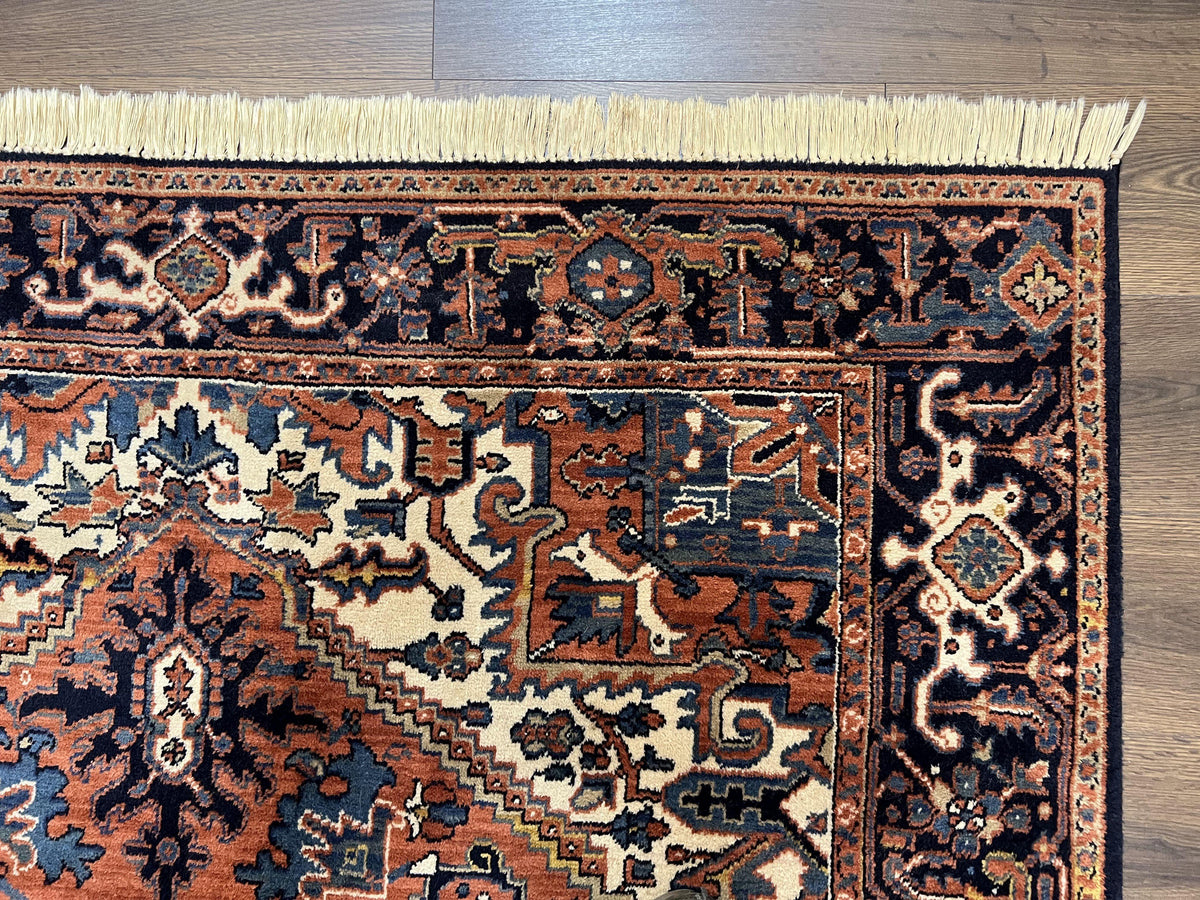 Heriz Rug 5.6 x 8, Geometric Medallion, Wool Oriental Carpet, Tribal Boho Rug, Red Navy Blue Cream, Belgium Power Loomed Rug, Medium Sized - Jewel Rugs, view 8
