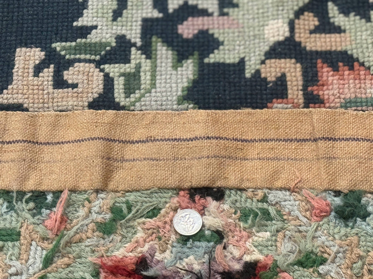 Vintage American Needlepoint Rug 4x6, Dark Green, Wool, Handmade, Flatweave Carpet - Jewel Rugs, view 12
