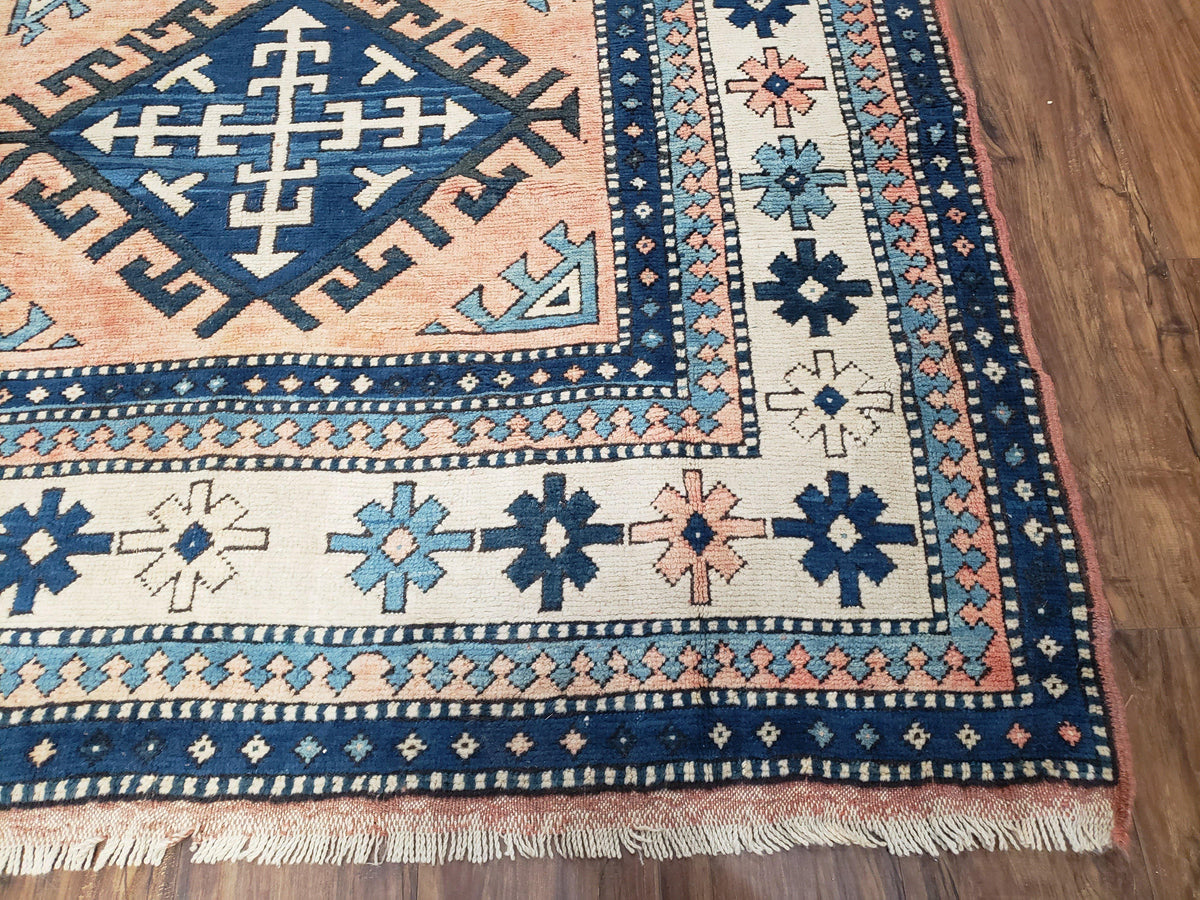 Turkish Kazak Rug 5x8 ft, Bold Geometric Bohemian Carpet, Blue and Ivory Hand Knotted Area Rug, Medium Sized High Quality Wool Oriental Rug - Jewel Rugs, view 10