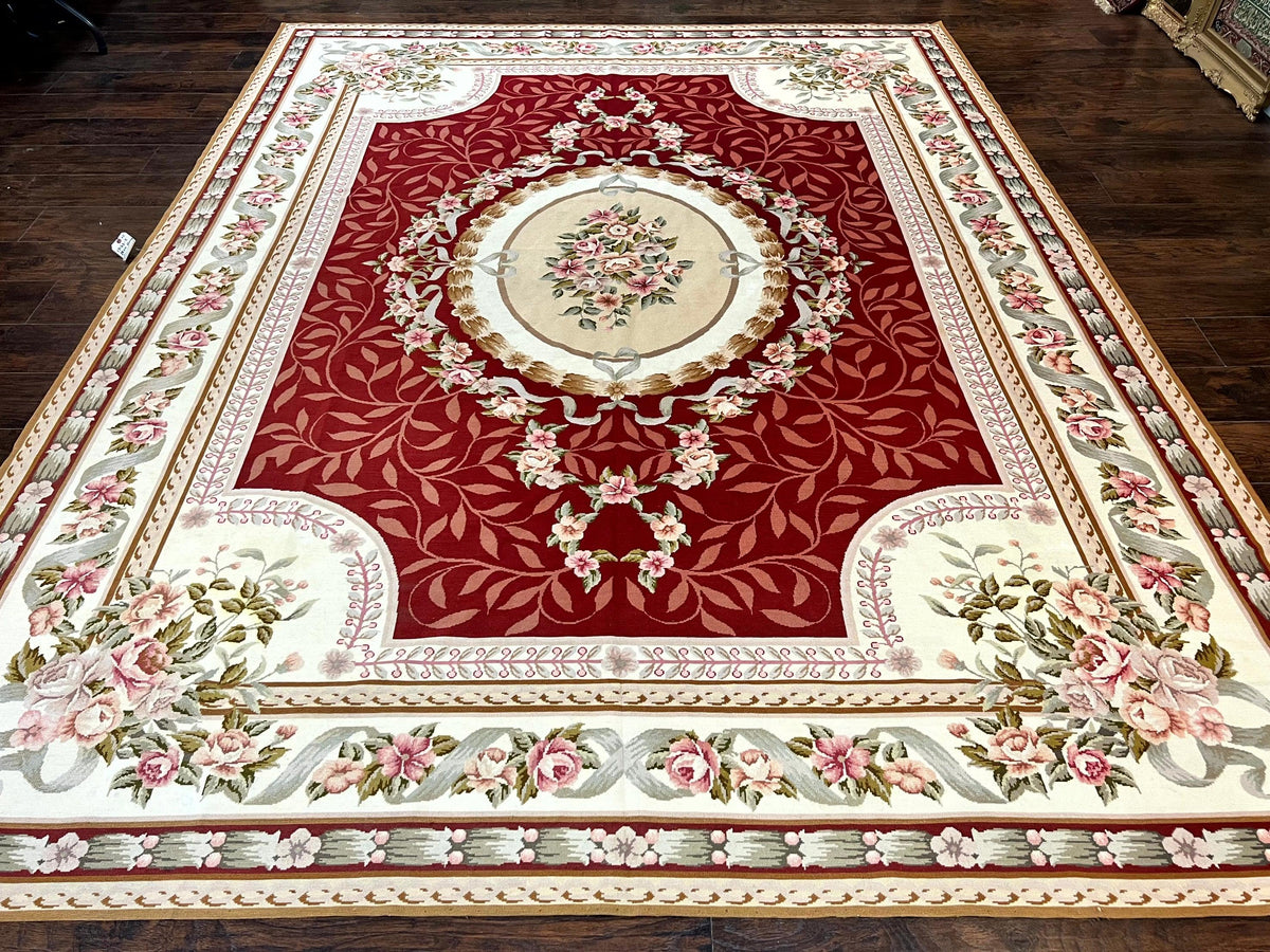 Wonderful Aubusson Rug 9x12, Handmade Vintage Needlepoint Carpet, Red and Ivory, Elegant European Design, Wool - Jewel Rugs, view 2