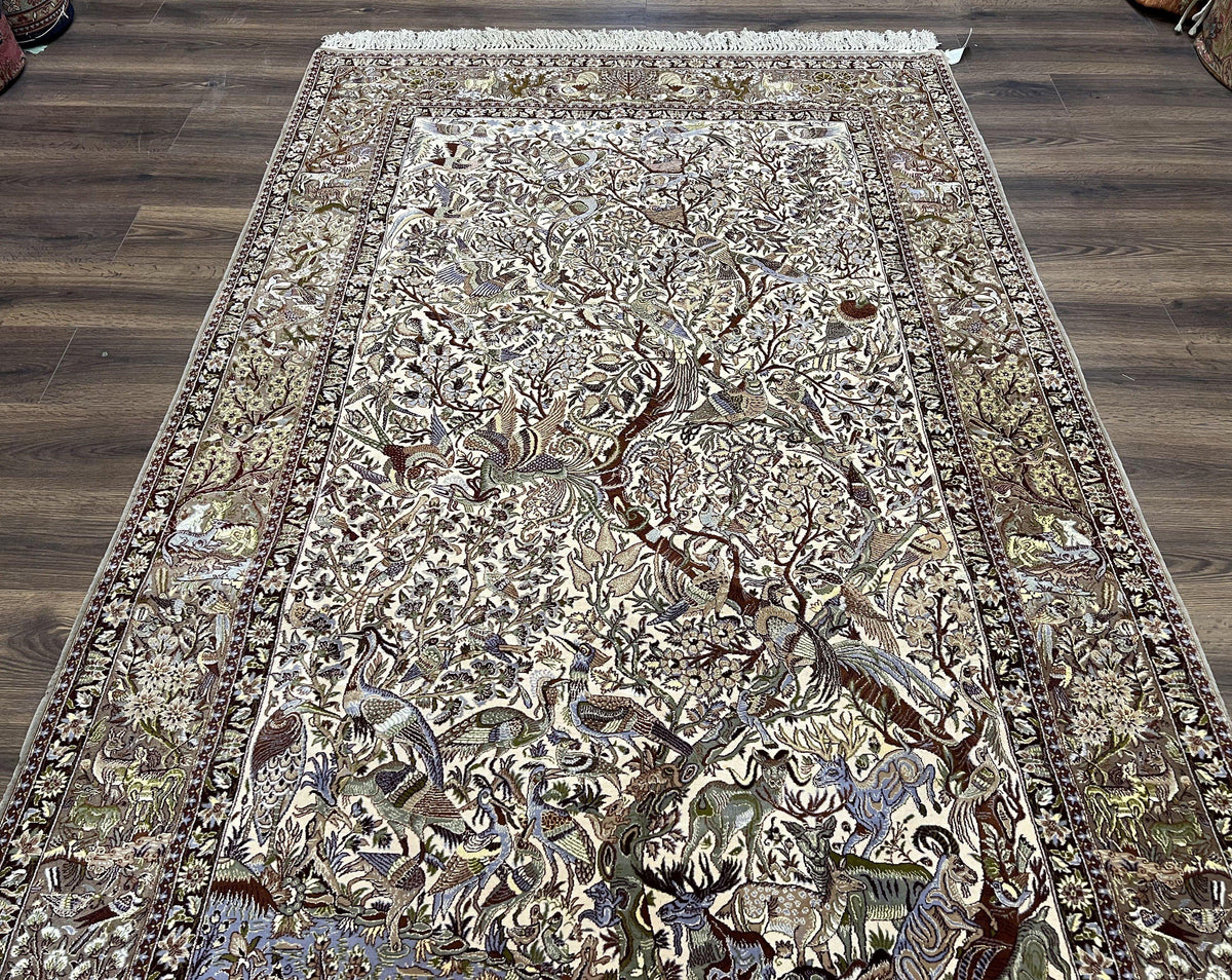 Persian Isfahan Rug 5x8 - Tree of Life, Animal Pictorials, Kork Wool & Silk - Jewel Rugs, view 3