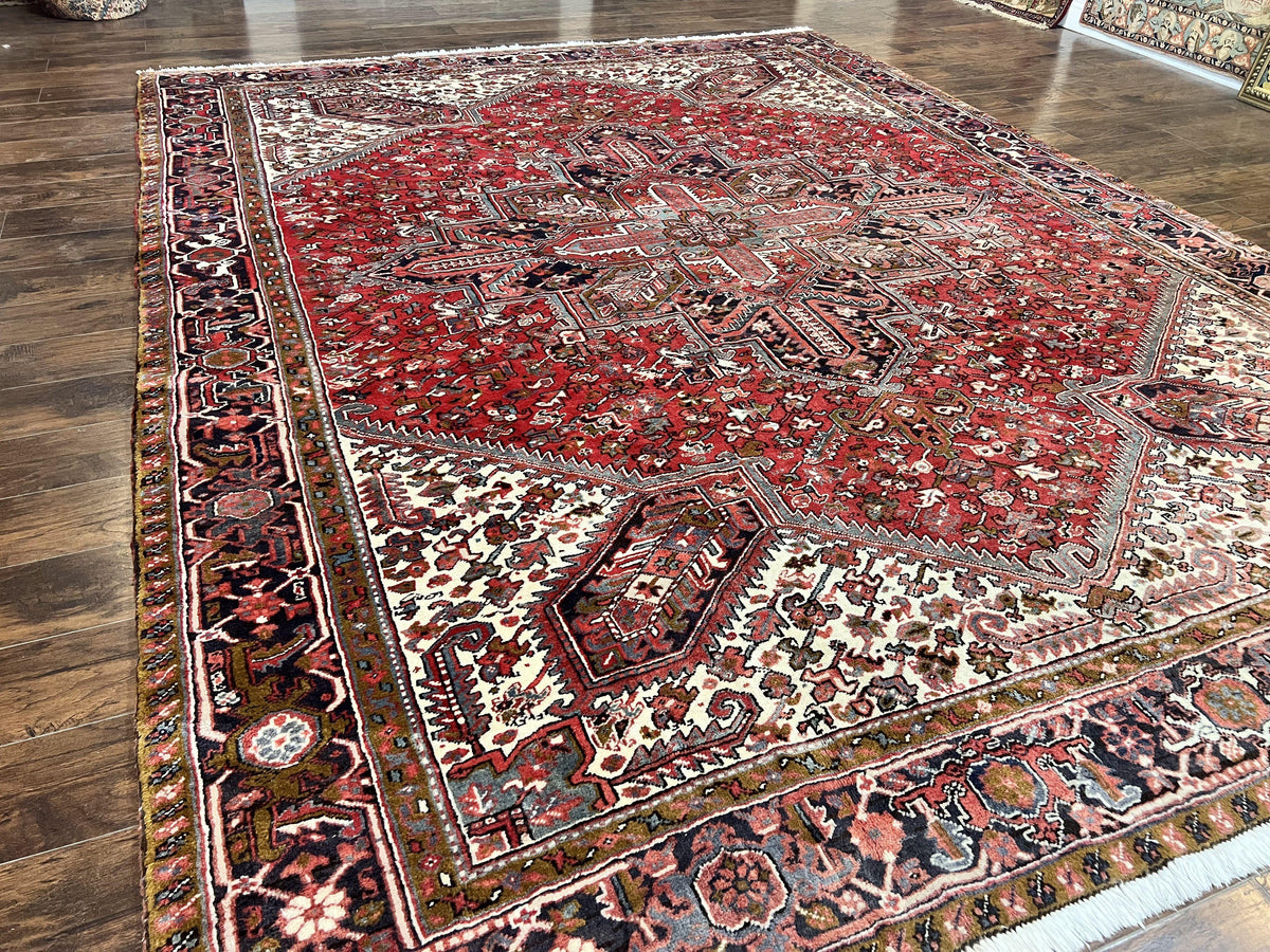 Large Persian Heriz Rug 10x13, Wool Hand Knotted Antique Carpet, Red and Ivory, Geometric Tribal Room Sized Rug, Decorative Oriental Rug - Jewel Rugs, view 13