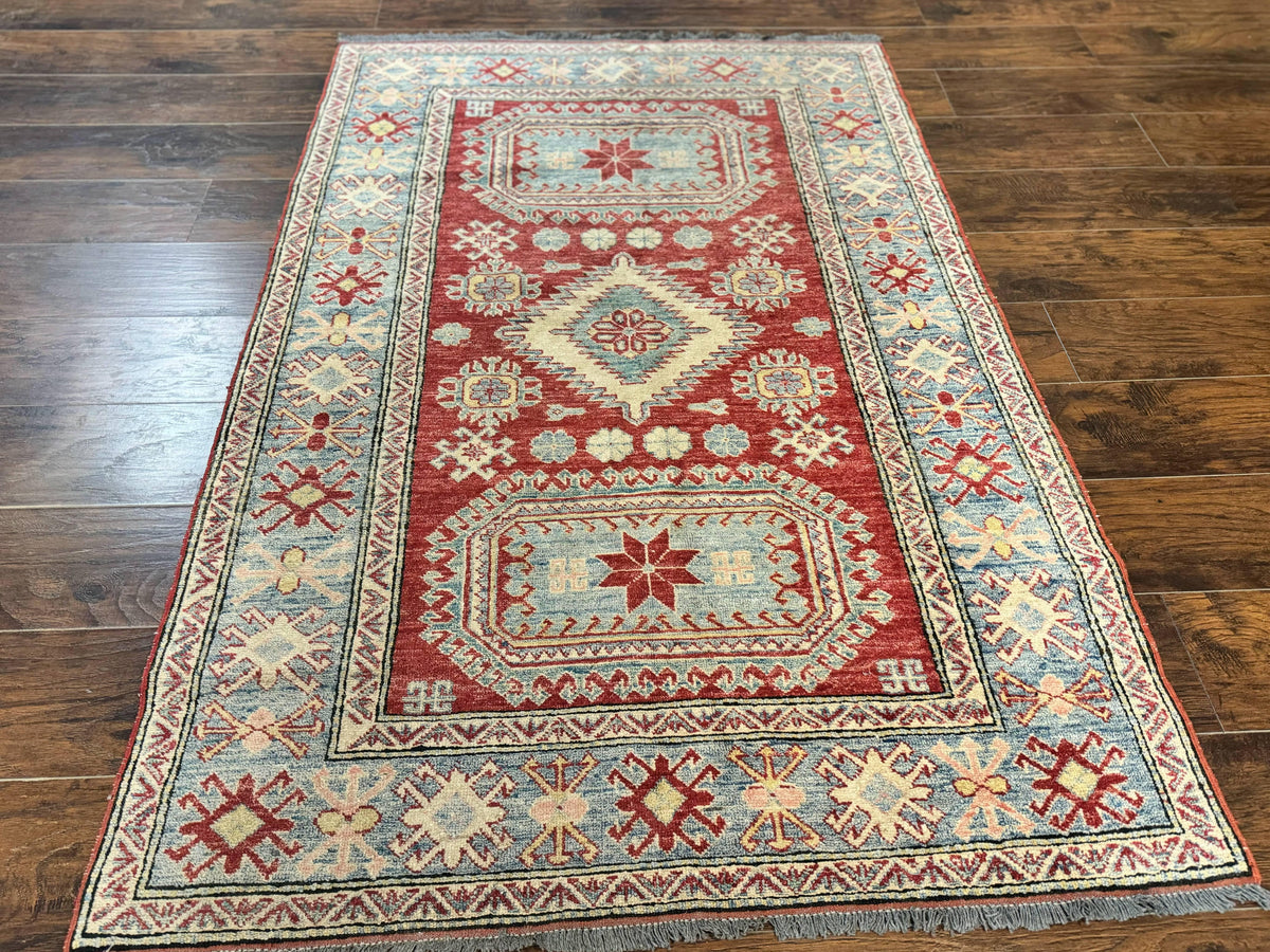 Turkish Kazak Rug 4x6, Handmade Vintage Wool Carpet, Geometric Design, Red and Light Blue - Jewel Rugs, view 2