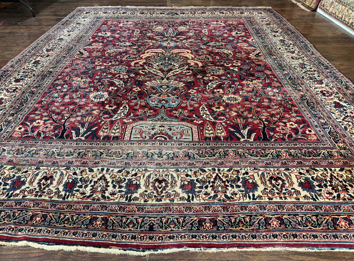 Antique Persian Mashad Rug 10x12, Red and Ivory, Signed by Master Weaver - Jewel Rugs, view 2
