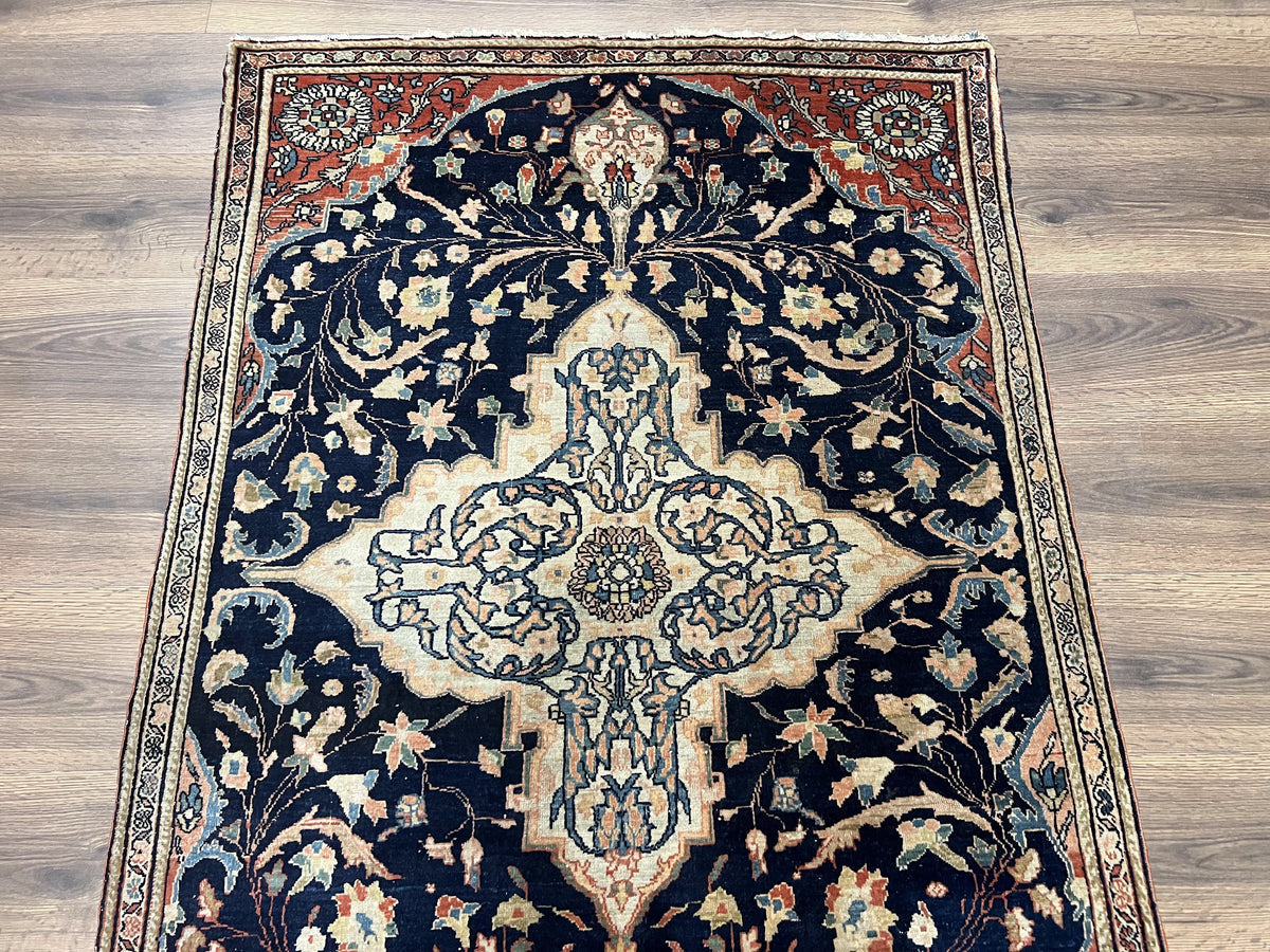 Antique Persian Rug 3.5 x 5, Sarouk Farahan Rug, High Quality 1920s Fine Oriental Carpet 3 x 5 ft, Large Medallion, Floral, Navy Blue Red, Hand Knotted Wool Rug - Jewel Rugs, view 11