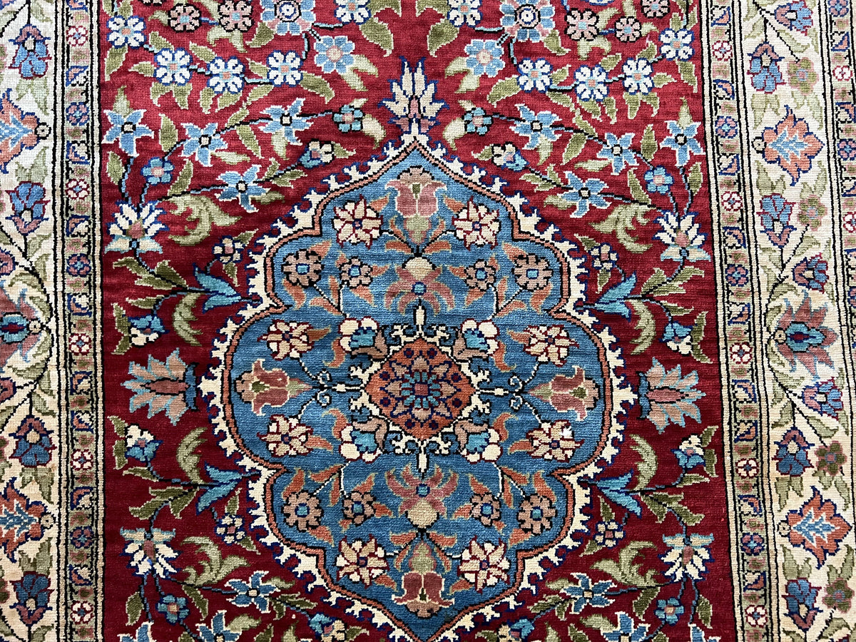 Silk Turkish Kayseri Rug 2x3, Small All Silk Turkish Carpet, Red and Light Blue, Very Fine Hand Knotted Semi Antique Vintage Handmade Rug - Jewel Rugs, view 12