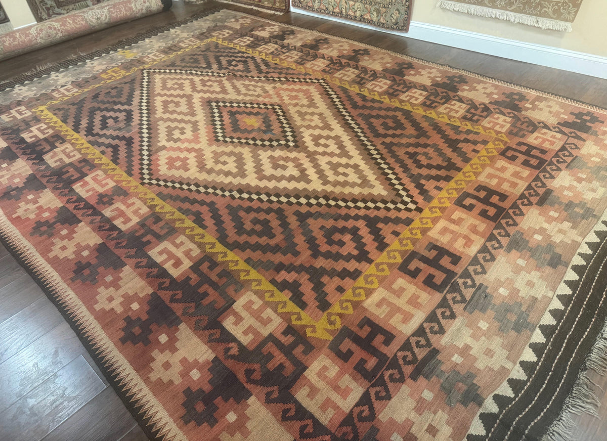 Antique Persian Tribal Kilim Rug 9x12, Zig Zag Pattern Kilim, Zarand Rug, Wool, Earth Tone Colors - Jewel Rugs, view 13