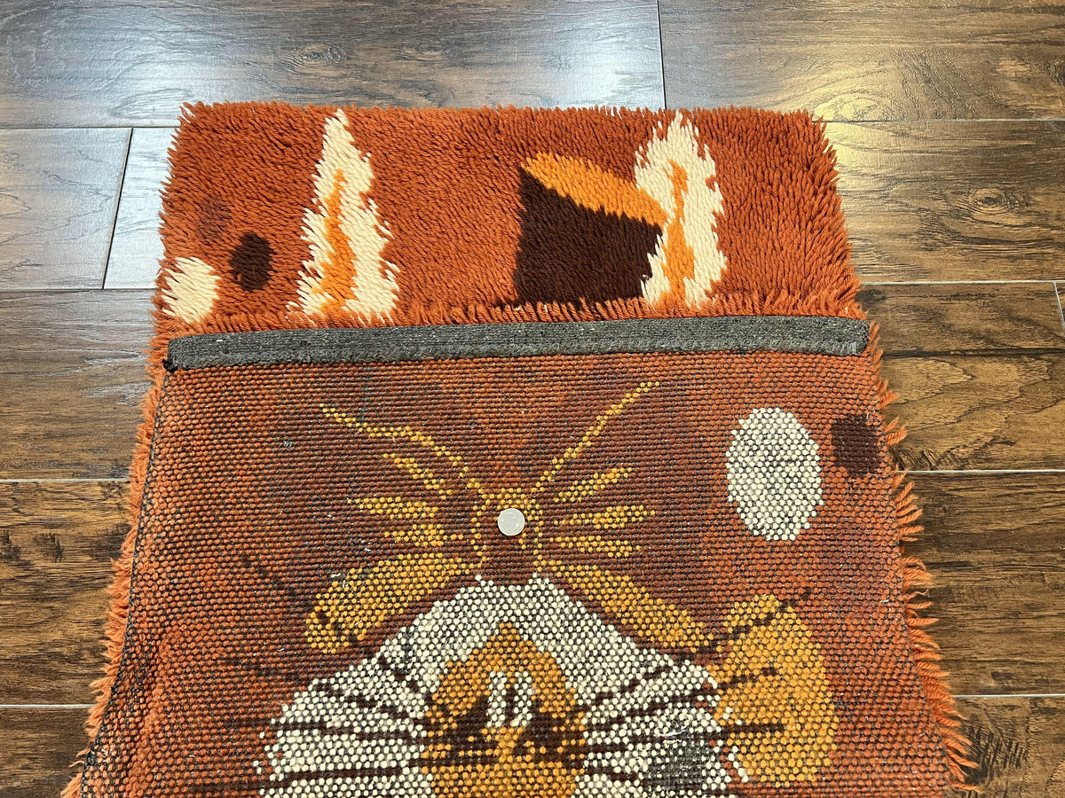 Rya Shag Rug 2x4, Rabbit in Top Hat, Wool, Orange, Vintage 1960s Danish Shag Rug - Jewel Rugs, view 12
